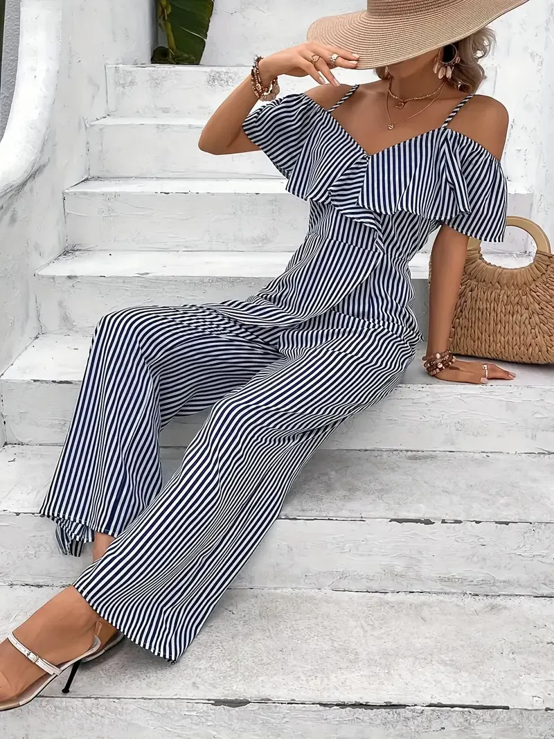 Summer Striped Spaghetti Strap Jumpsuit with Ruffle Trim, Straight Leg, Women's Clothing for Vacation Style
