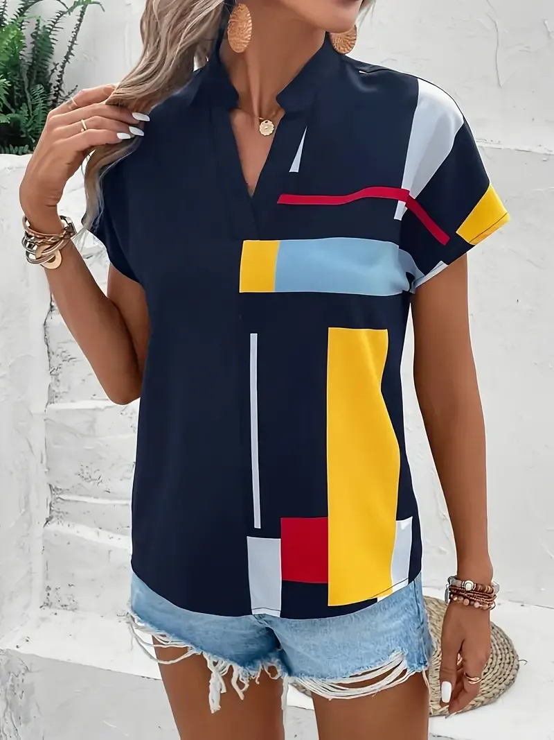 Color Block Notch Neck Blouse, Casual Short Sleeve Blouse For Spring & Summer, Women's Clothing