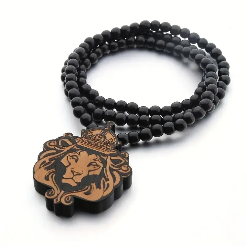 Cool Wood Lion King Beaded Chain Necklace, With Laser Carved Natural Wooden Pendant, Hip-hop Collar Accessories Awesome Gift