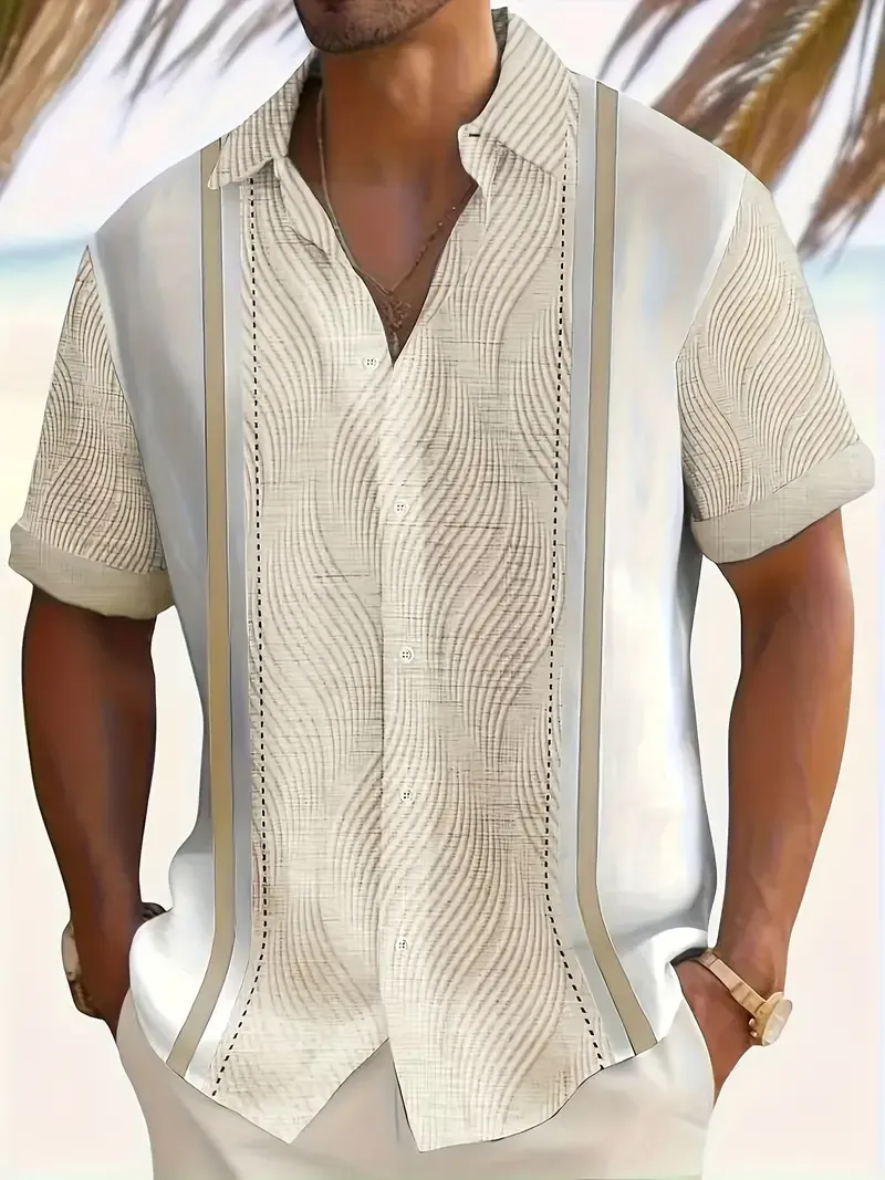 Men's Geometric Striped Short Sleeve Lapel Shirt Top, Casual Button Up Shirt For Summer Daily Wear And Vacation Resorts