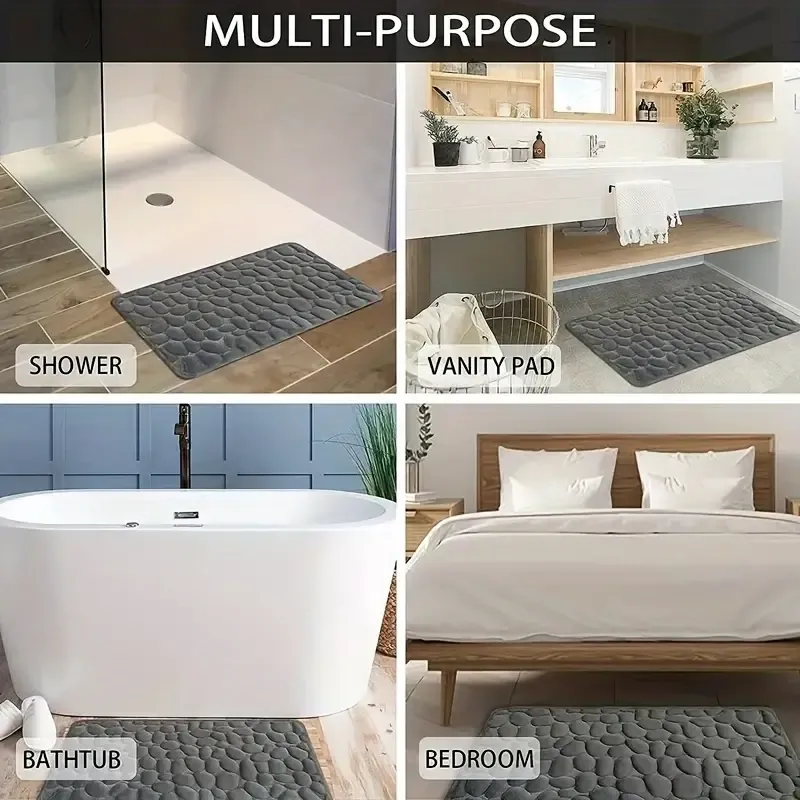 1pc Cobblestone Embossed Bathroom Bath Mat, Memory Foam Pad, Washable Bath Rugs, Rapid Water Absorbent, Non-Slip, Soft And Comfortable Carpet For Shower Room Fall Decor, Kitchen Area Rugs, Laundry, Bedrooom, Shower, Indoor Mat, Bathroom Accessories
