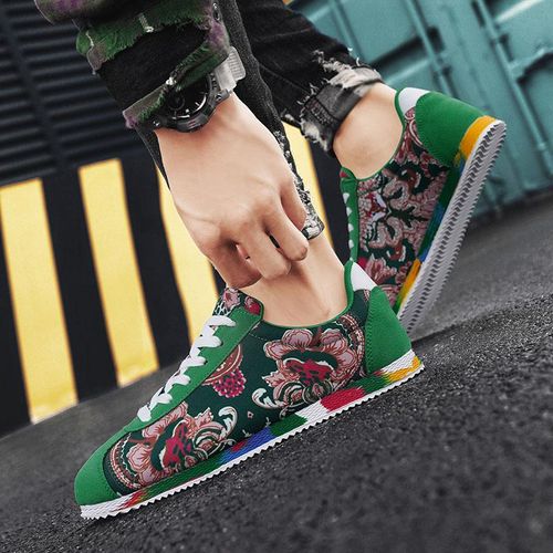 Men's Ethnic Style Floral Pattern Sneakers, Comfy Non Slip Durable Lace Up Vintage Shoes, Men's Footwear