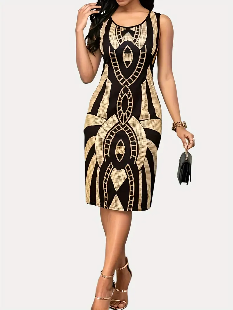 Graphic Print Crew Neck Tank Dress, Elegant Sleeveless Sheath Tank Dress For Spring & Summer, Women's Clothing