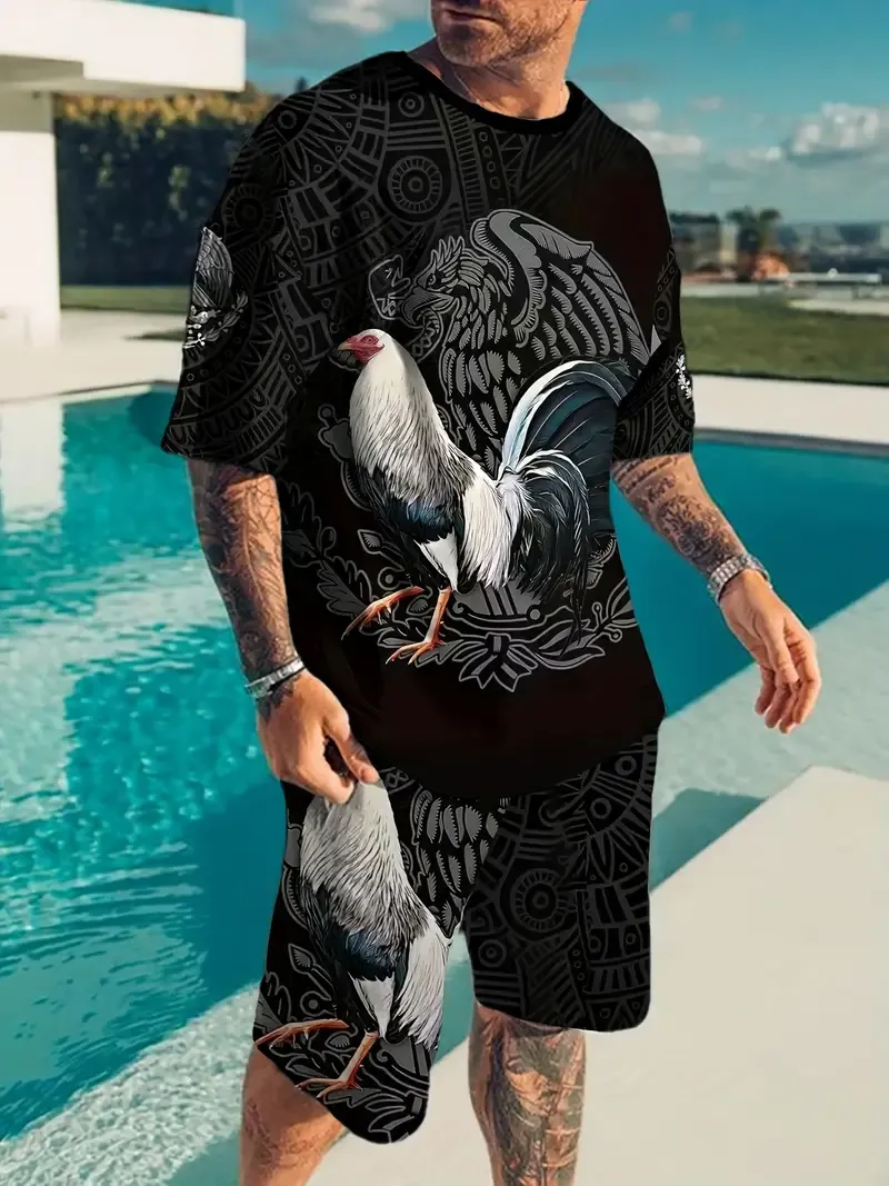 Free shipping on all orders Limited-time offer 2-piece Rooster 3D Digital Print Men's Summer Leisure Outfit Set, Men's Short Sleeve Crew Neck T-shirt & Shorts Set