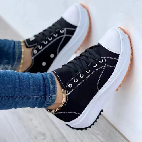 Chunky Thick Sole Women's Canvas Non Slip Lace Up Casual Sneakers, Running Sports Shoes