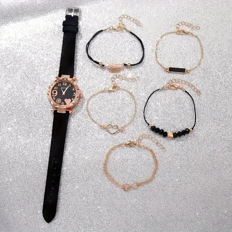 6pcs/set Women's Cute Heart Rhinestone Quartz Watch Analog PU Leather Wrist Watch & Bracelets, Valentines Gift For Her