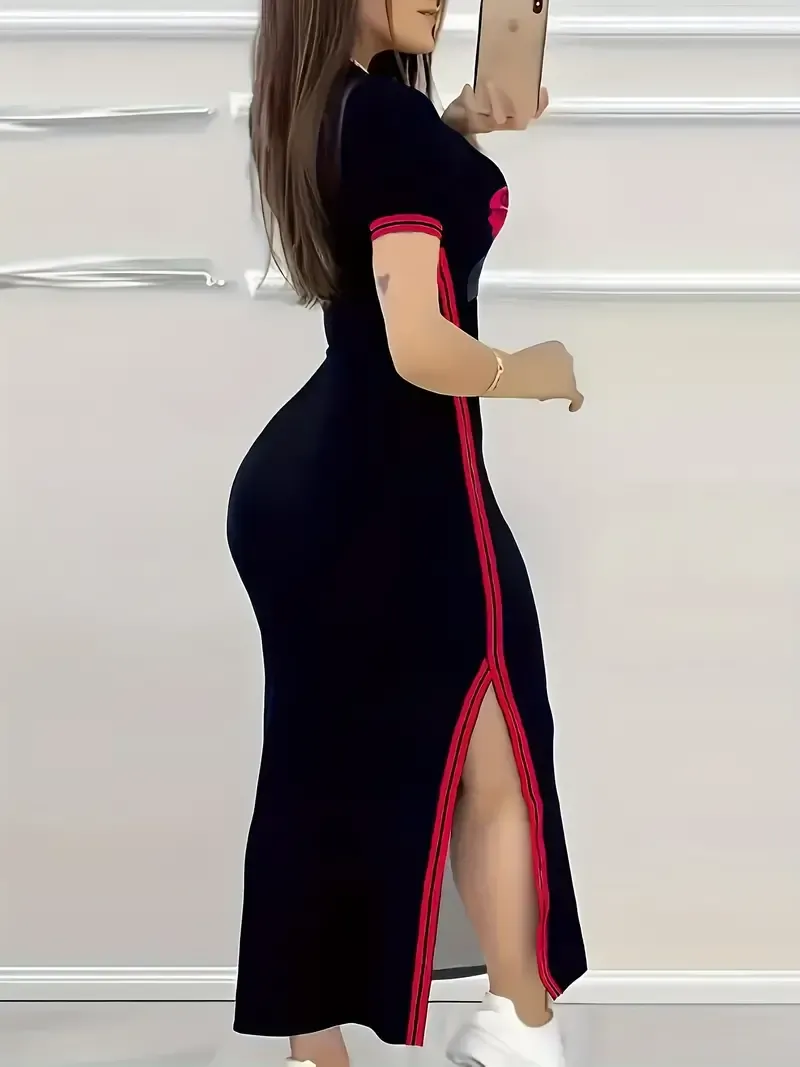 Short Sleeve Ankle Length Rose Contrast Trim Chic Slit Dress for Spring & Summer, Women's Clothing