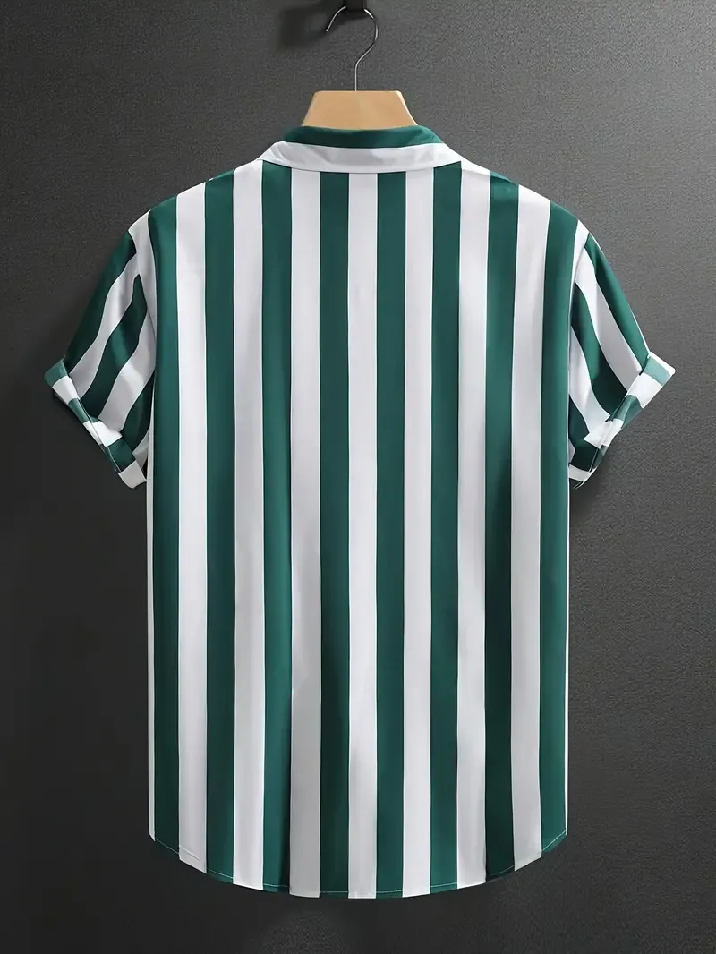 Men's Casual Striped Print Button-Up Shirt - Breathable Polyester, Machine Washable, Short Sleeve, Summer-Ready, Non-Sheer with Collar Detail