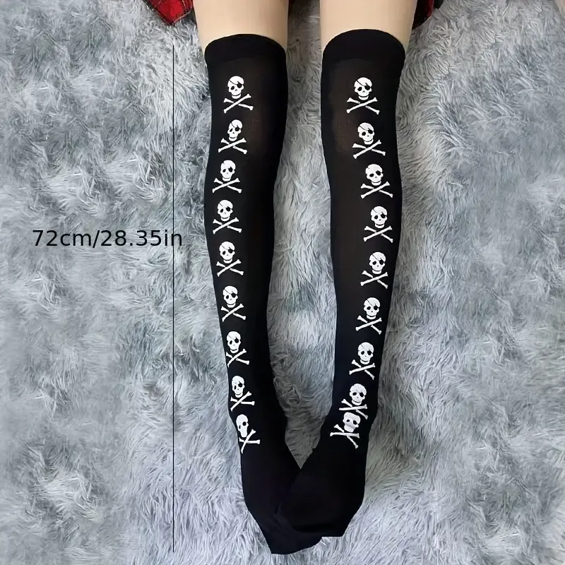 Skull Print Thigh High Socks