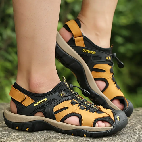 PLUS SIZE Men's Stitching Closed Toe Slip On Sandals With Hook & Loop Fastener, Breathable Anti-skid Beach Sandals For Outdoor, Spring And Summer