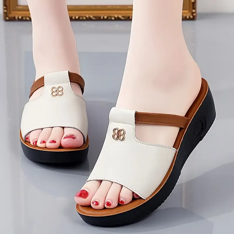 Women's Wedge Heeled Sandals, Casual Open Toe Summer Shoes, Comfortable Slip On Sandals