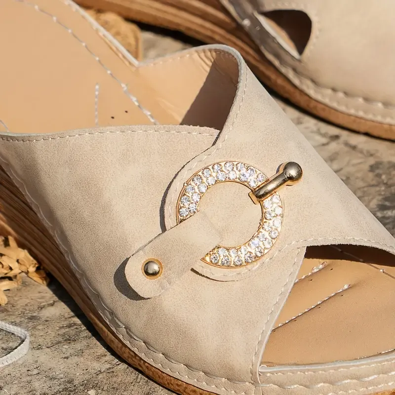 Women's Solid Color Platform Sandals, Buckle Decor Casual Slip On Wedge Slides, Non-slip Summer Slides