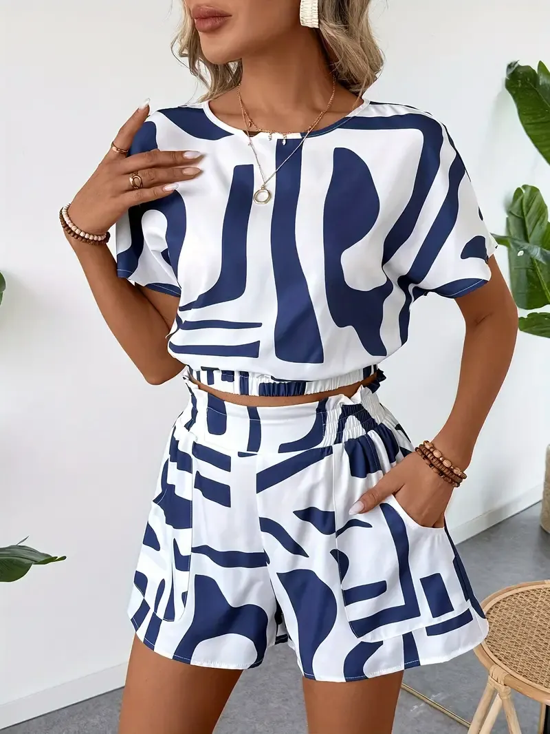 Short Sleeve & Elastic Waist Shorts Set, Casual Zebra Strip Cinched Waist T-shirt & Shorts Outfits for Women