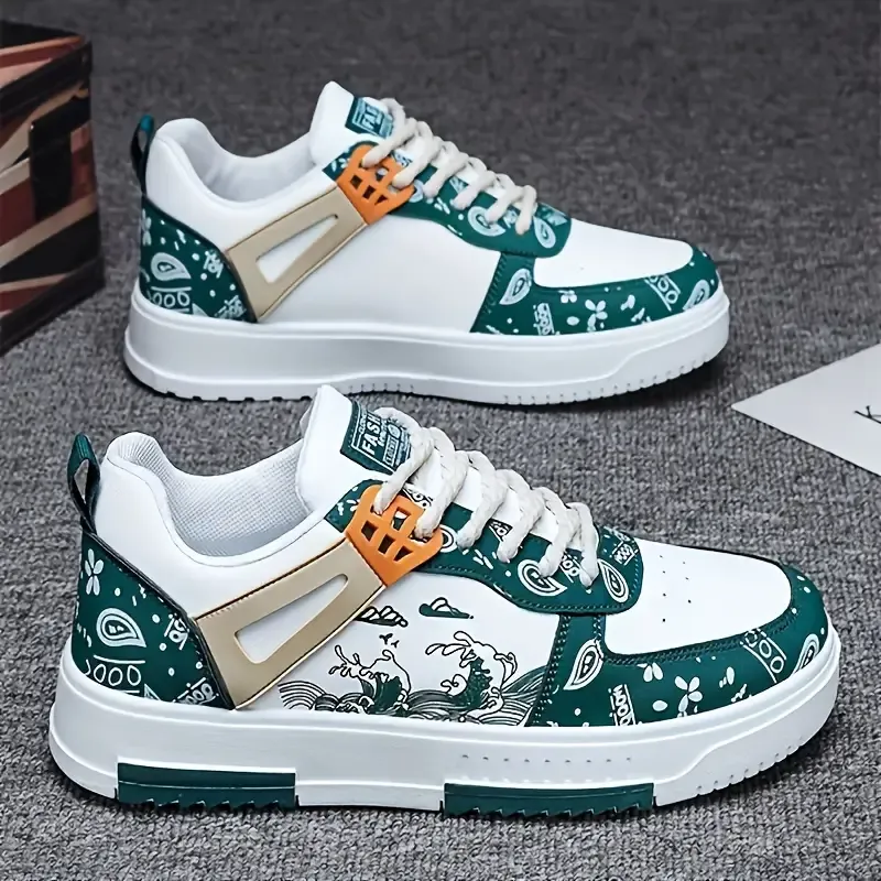 Trendy Spoon Drift Pattern Skateboard Shoes, Men's Non Slip Lace Up Comfy Casual Shoes For Spring Summer Traveling