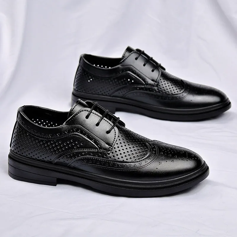 High-end business casual shoes hollow breathable men's leather shoes