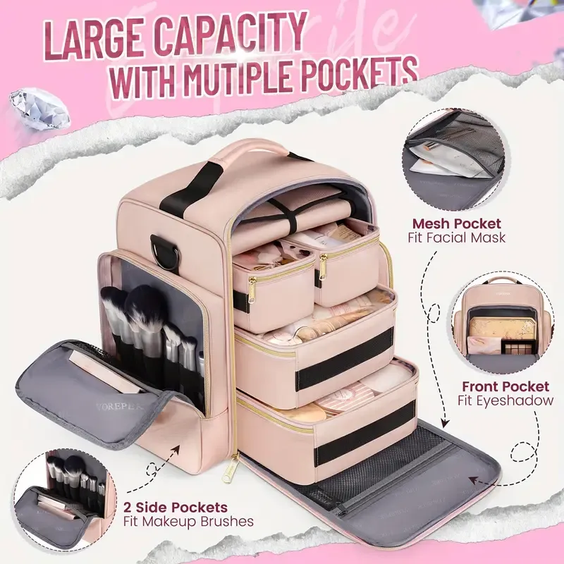 Large Travel Makeup Bag with 4 Removable Compartments & Jewelry Pouch, Pink, Elegant Polyester Travel Organizer for Women's Cosmetics, Hair Tools, and Accessories