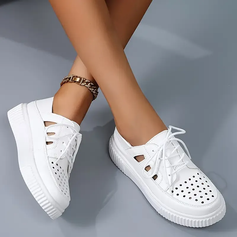Chic Women's Breathable Sneakers - Comfortable Lace-Up Casual Shoes With Hollow Design, Soft Sole For Spring & Fall