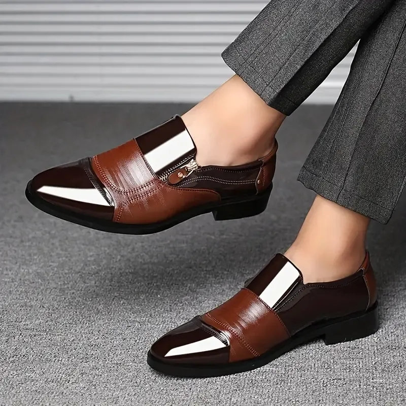 Men's Trendy Dress Shoes With Side Zipper Decor, Wear-resistant Slip On Shoes With PU Leather Uppers For Business Occasions, Men's Office Daily Footwear