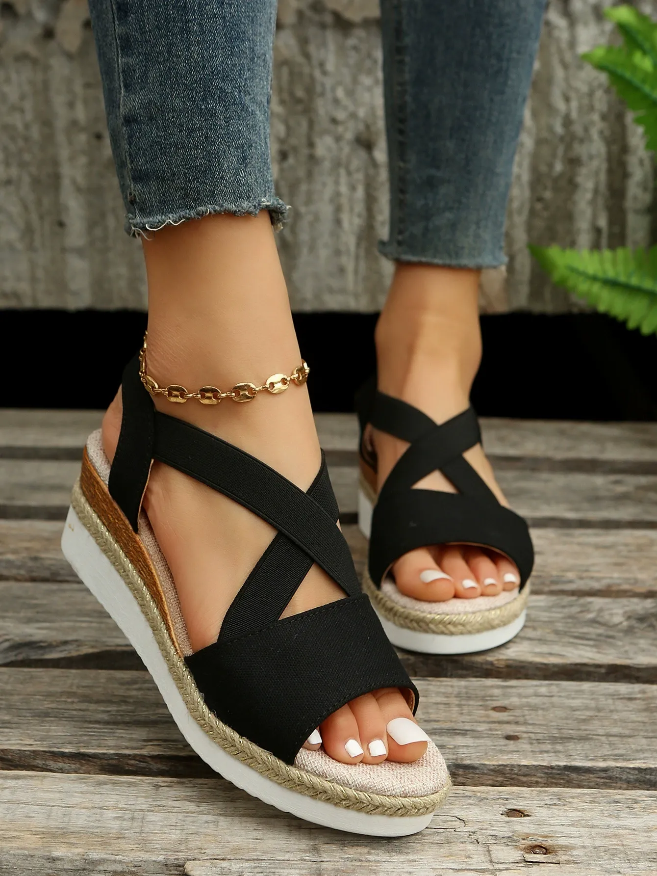 elastic open toe wedge heel thick bottom sandals