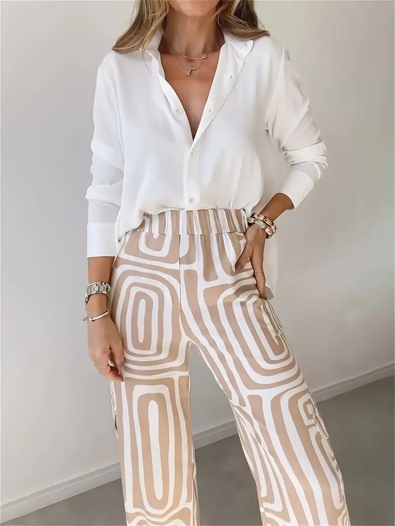 Long Sleeve Striped Print Pantsuits, Elastic Waist Color Block Pants & Button Front Shirt Outfits, Women's Clothing