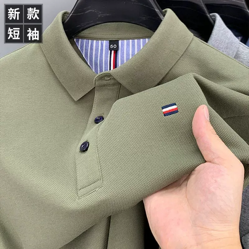 A half-sleeved men's shirt with a lapel embroidered solid color