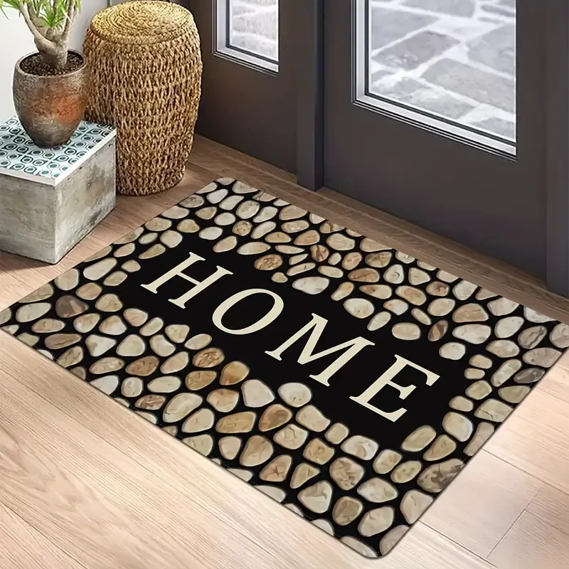 1pc Crystal Velvet Door Mat, Pebble Letter Print Floor Mat, Non-Slip Polyester Area Rug, Stain-resistant Washable Rug, For Laundry Room, Kitchen Room Decor Guest Room Decor