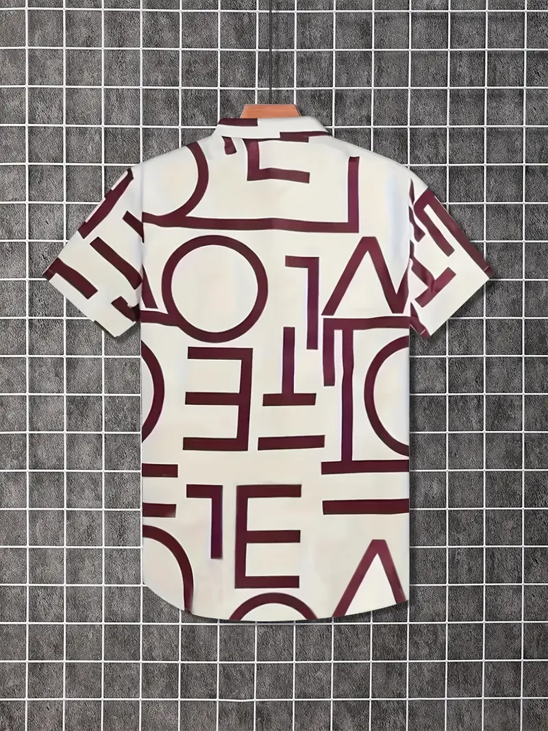 Designed Letter Pattern Men's Fashionable And Simple Short Sleeve Button Casual Lapel Shirt, Trendy And Versatile, Suitable For Summer Dates, Beach Holiday, As Gifts, Men's Clothing