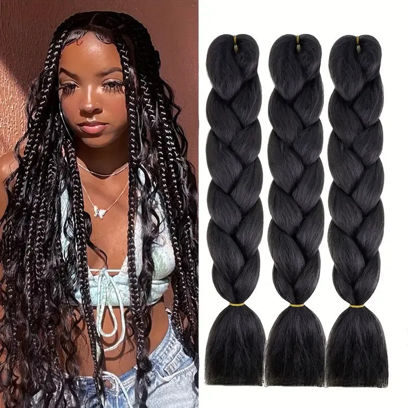 Crochet Braiding Hair Extensions, 3pcs, Versatile for Box Twist Braids, Black,, Suitable for All Hair Types, Basic Style, Els Curl