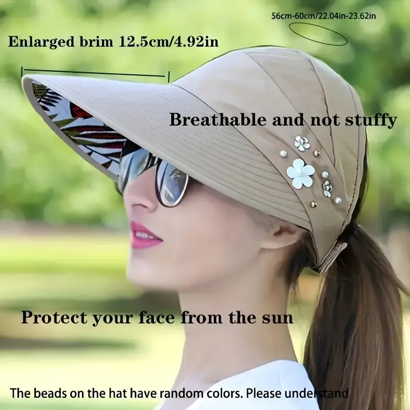 Beaded Flower Decor Visor Hats Trendy Solid Color Summer Sun Hat Foldable UV Protection Visors For Women daily uses Outdoor