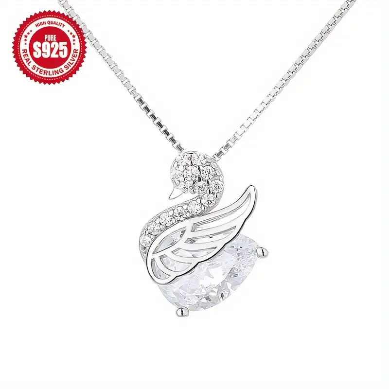 Elegant 925 Sterling Silver Swan Pendant Necklace with zirconia Inlay, Vintage Style Silver Plated Jewelry for Women, Ideal for Daily Wear & Special Occasions, Perfect Valentine's Day Gift