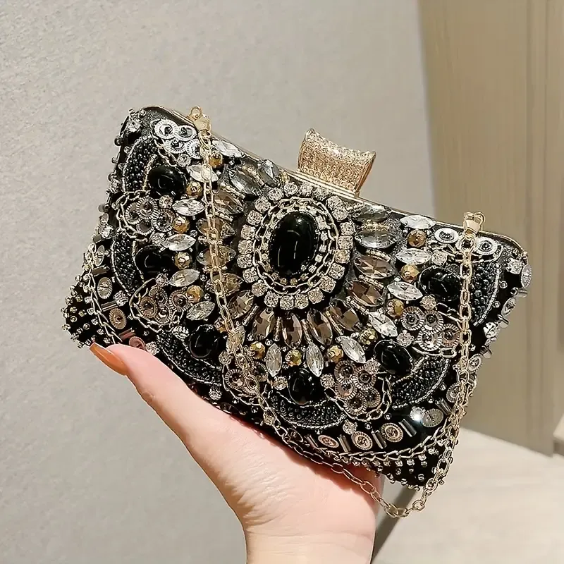 Beaded Rhinestone Evening Bag, Elegant Box Clutch Purse, Women's Wedding Handbags For Party Prom