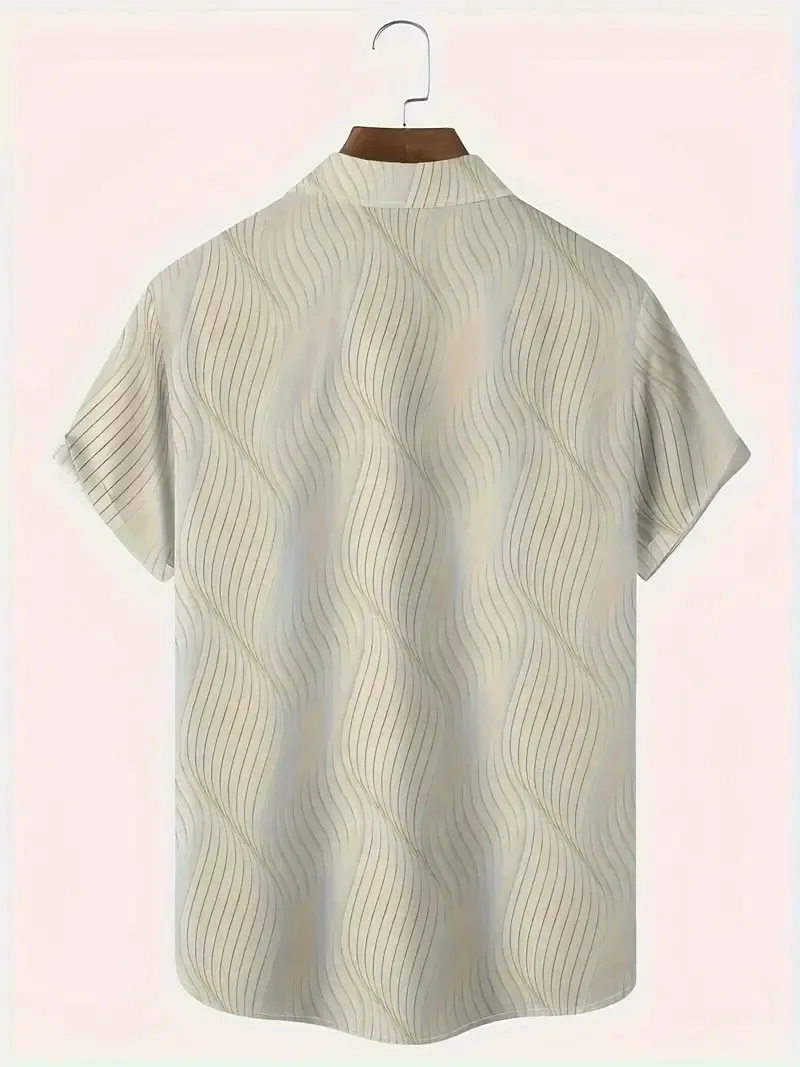 Men's Geometric Striped Short Sleeve Lapel Shirt Top, Casual Button Up Shirt For Summer Daily Wear And Vacation Resorts