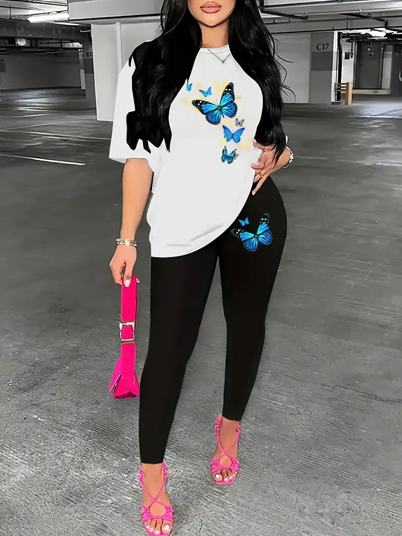 Butterfly Print Summer & Spring Casual Two-piece Set, Crew Neck Short Sleeve T-shirt & Slim Pants Outfits, Women's Clothing