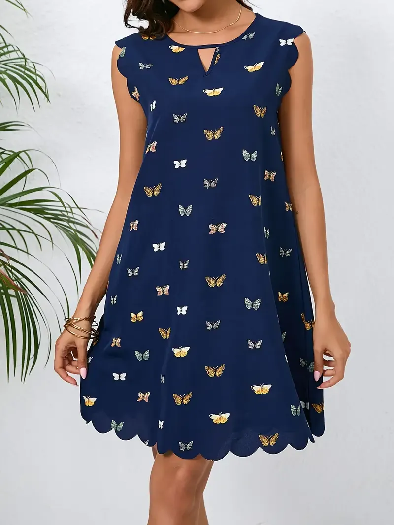 Butterfly Print Scallop Trim Dress, Versatile Cut Out Crew Neck Dress For Spring & Summer, Women's Clothing