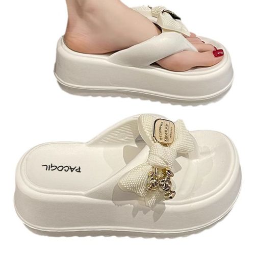 Women's Fashion Flip-Flops with Metallic Bowknot - Comfortable EVA Slide Sandals, Soft Sole, Easy Slip-On
