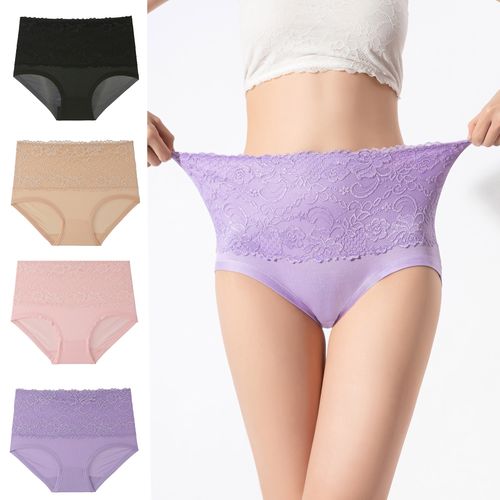 Women's breathable lace solid color high waist briefs