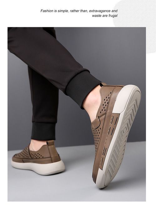 2025 Summer New Men's Hollow-out Breathable Leather Sandals, Men's Clogs, Round Toe Casual Leather Slip-on Shoes