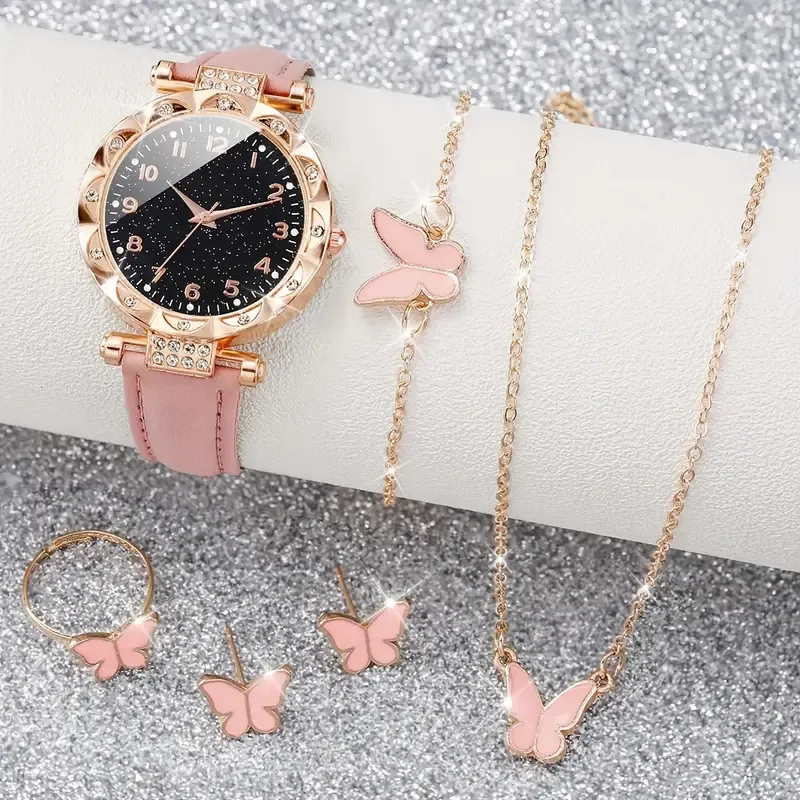 6 Piece Diamond British Watch Butterfly Jewelry Set for Women