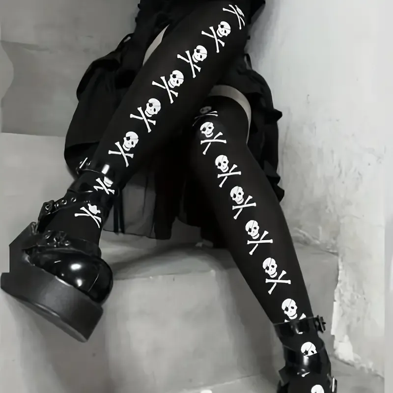 Skull Print Thigh High Socks