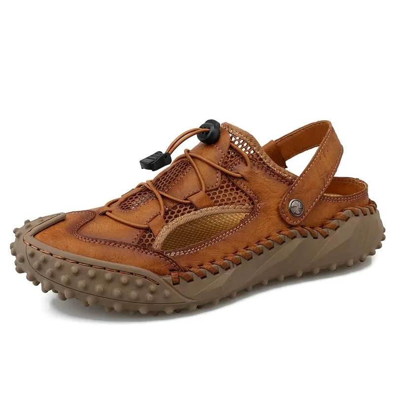 Large size men's closed toe soft sole soft leather mesh casual beach sandals