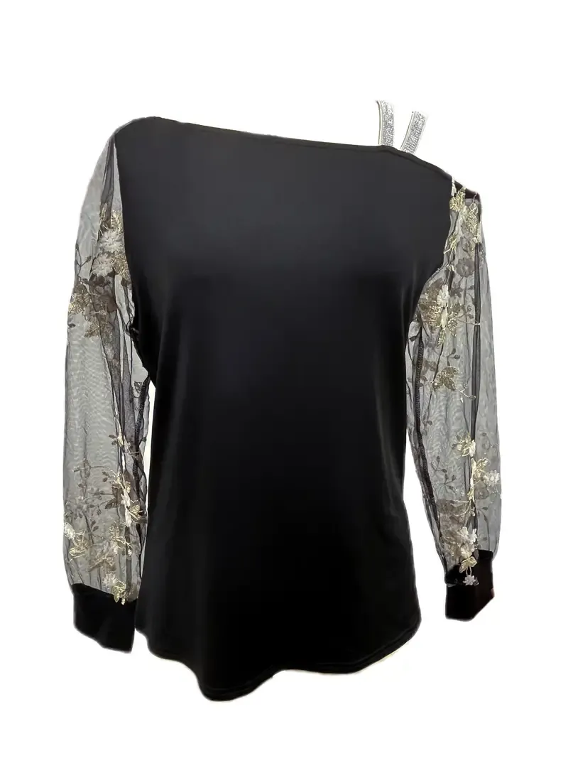 Elegant Floral Embroidered Asymmetric Neck T-Shirt