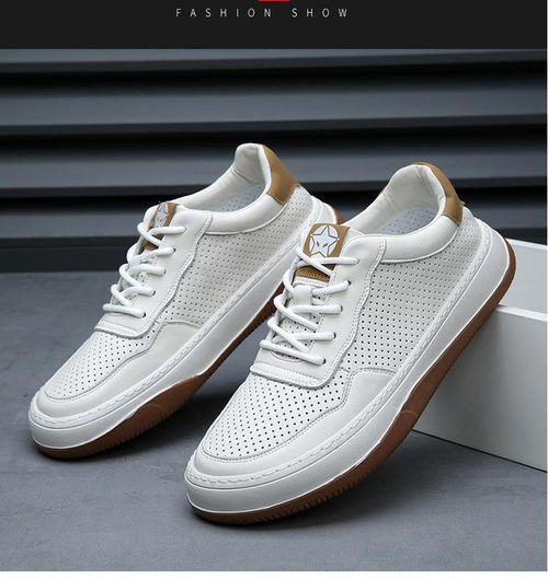 Summer new style sneakers for men, genuine leather, breathable, cool shoes, men's hollowed-out thick-soled white shoes