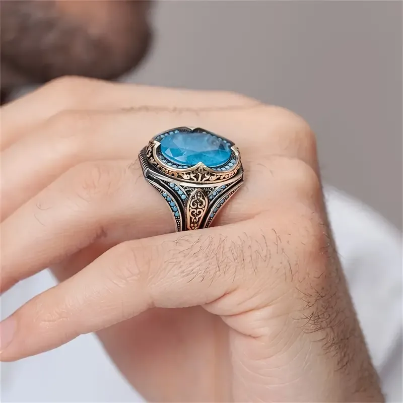 Handcrafted Vintage Turkish Blue Cubic Zirconia Ring, Antique Silvery Finish, Fashionable Islamic Jewelry