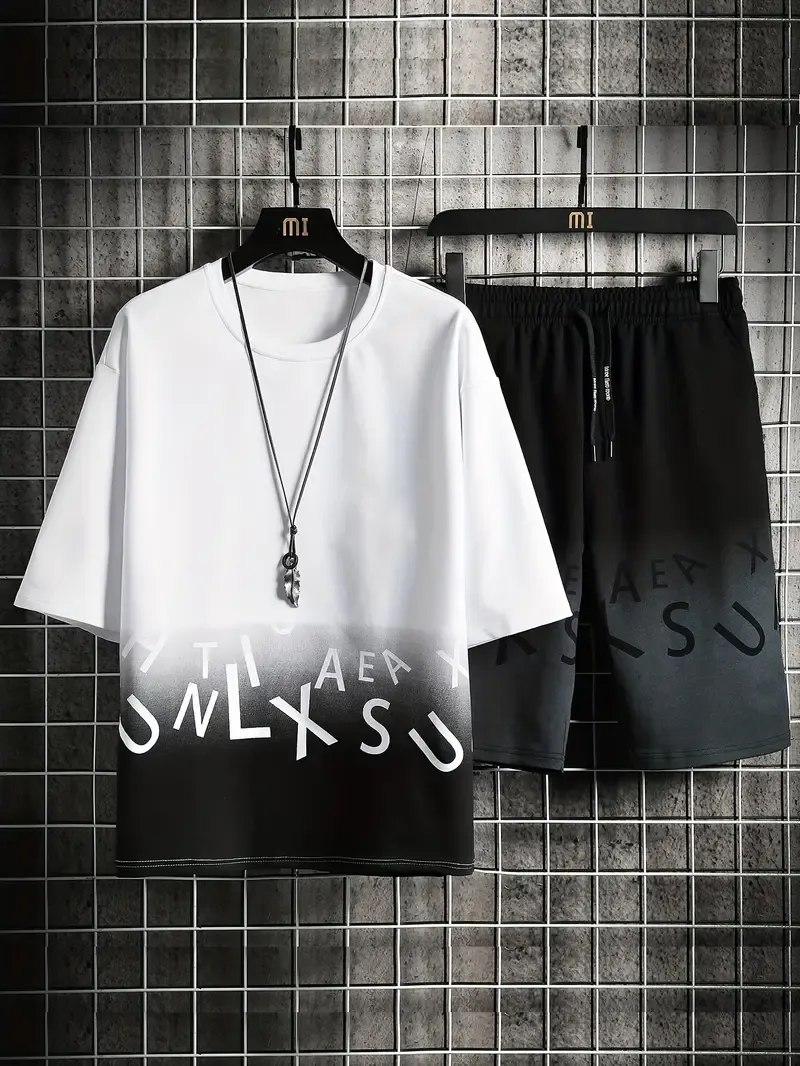 2-piece Men's Stylish Gradient Summer Outfit Set, Men's Short Sleeve Cotton Blend T-shirt & Drawstring Shorts Set