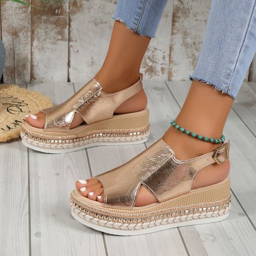 Fish-mouth buckle wedge platform sandals for women, thick-soled, shiny surface women's sandals