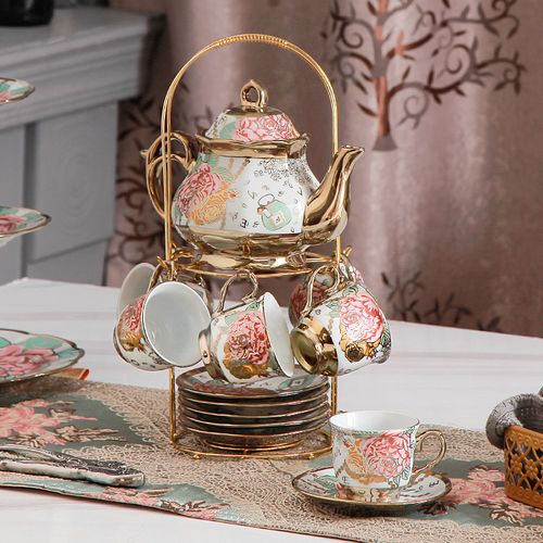 Deluxe Floral Ceramic Tea Set with Golden Stand - 13-Piece Hand-Painted Tea Service for 6, Includes Cups, Saucers, Spoons, Teapot - BPA Free, Hand Wash Only, Leak Proof, Insulated for Mother's Day, Thanksgiving, Elegant Gifting