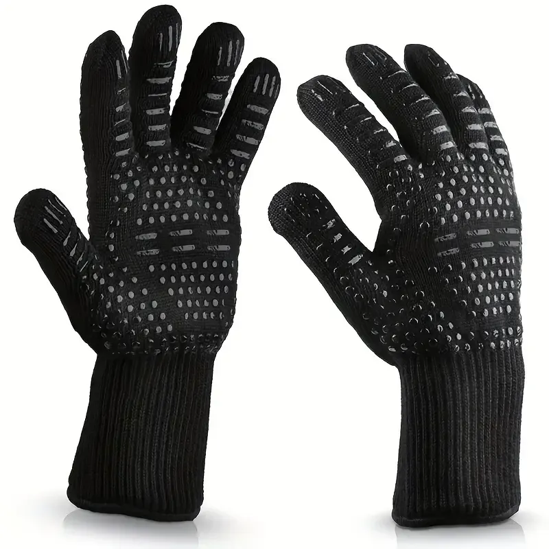 1 pair Fireproof Oven Gloves - Heat Resistant, Cut-Resistant, Non-Slip, Silicone BBQ Gloves for Men - Kitchen Safe Cooking Gloves for Smoker, Grill, Baking, Outdoor Camping, Picnic, Cookware Barbecue Tool Accessories
