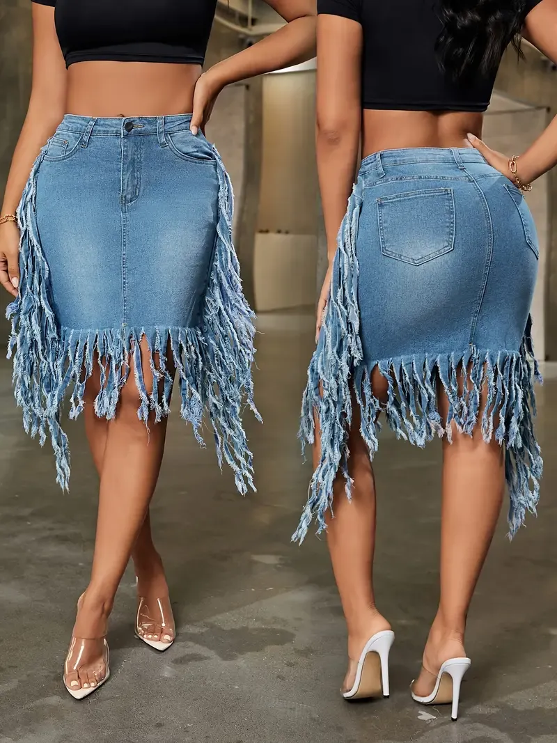 Sexy Fringe Hem Denim Skirt