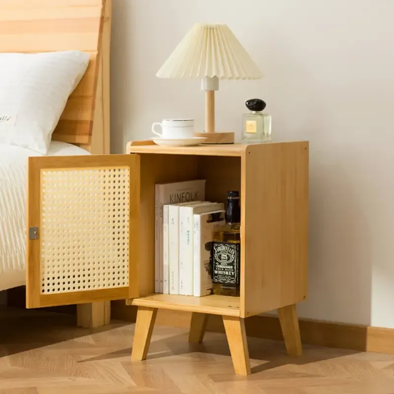 Boho Chic Imitation Rattan Nightstand - Versatile Side Table with Solid Wood Legs for Bedroom, Dorm & Small Spaces