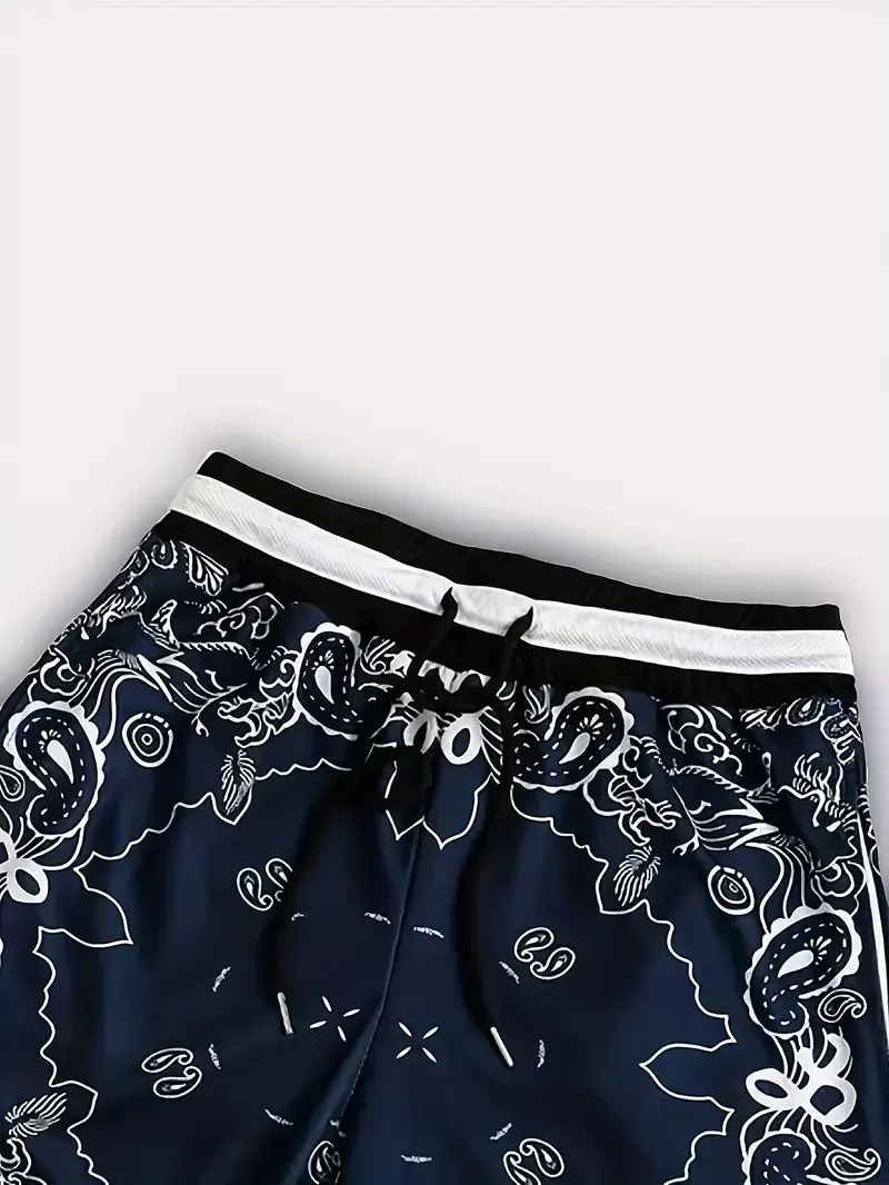 Loose Fit Men's Shorts with Active Elastic Waist, Paisley Graphic Print Drawstring Shorts for Summer